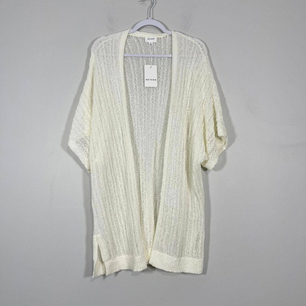Heyson Open Front Knit Cardigan Womens 1X Cream Long Length‎ Short Sleeve